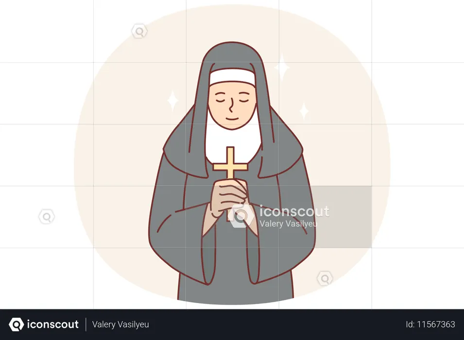 Freira rezando segurando cruz católica nas mãos e se curvando a Deus vestida com batina  Ilustração