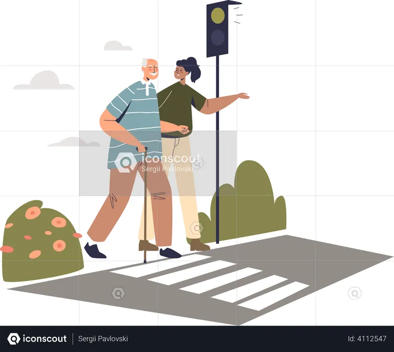 Freiwillige Frau hilft älterem Mann auf Zebrastreifen  Illustration