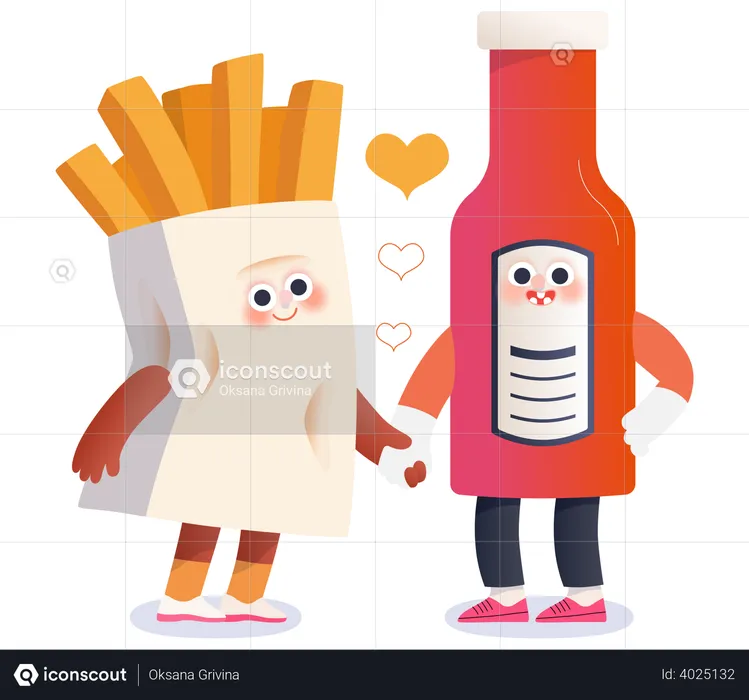 French fries potato and bottle of ketchup in love  Illustration