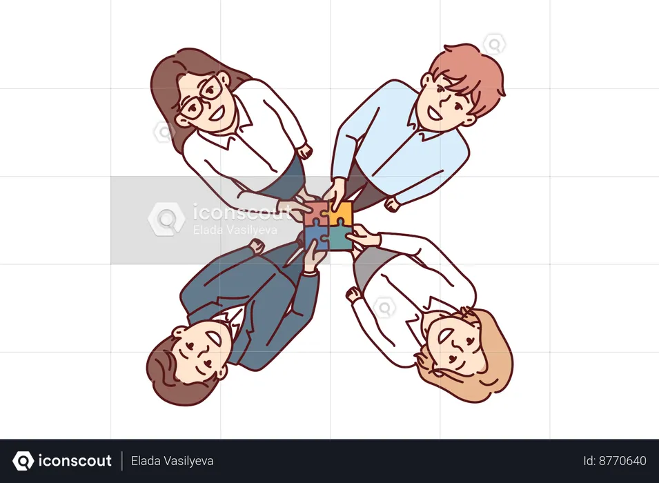 Friendly business people hold together puzzle  Illustration