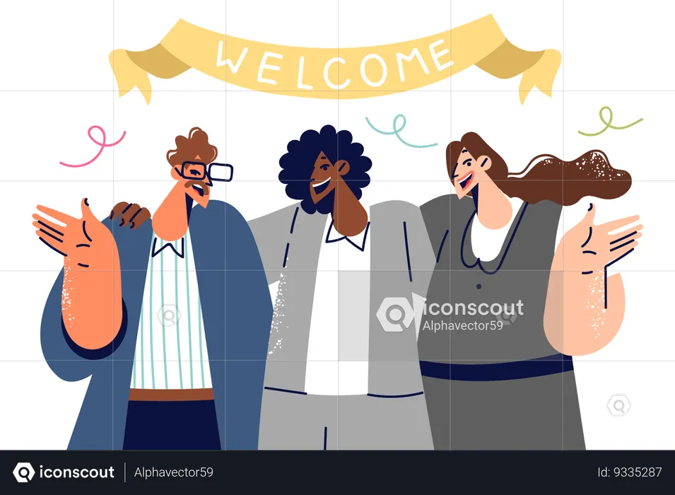 Friendly business people invite you to join team  Illustration