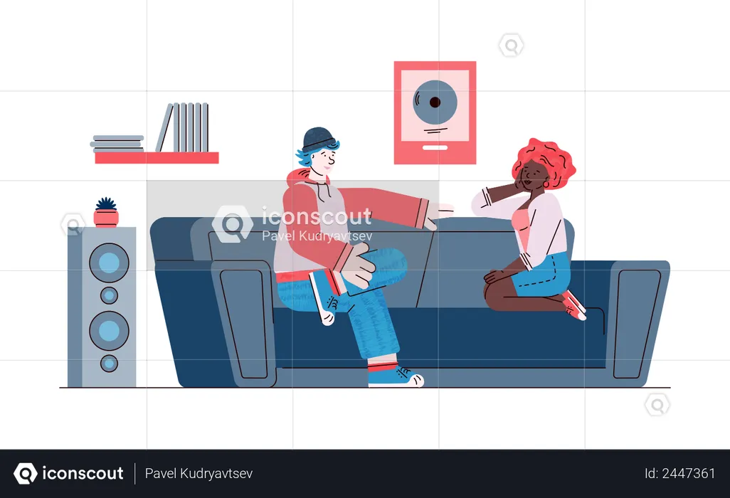 Friendly conversation scene with man and woman sitting on couch and having dialog  Illustration