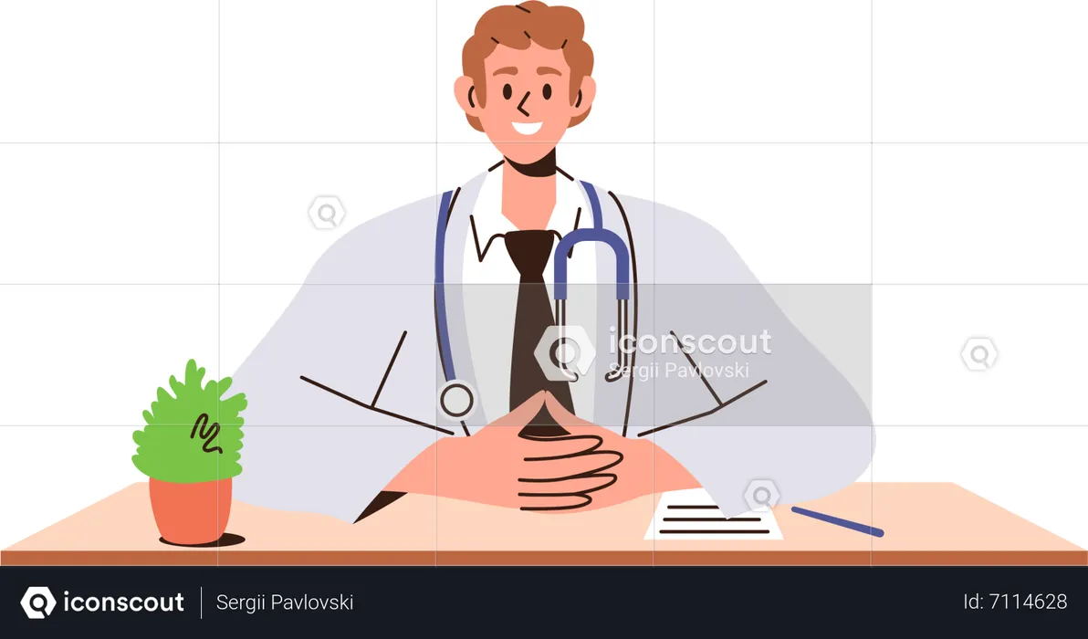 Friendly smiling doctor pediatrician in lab coat looking forward sitting at clinic office table  Illustration