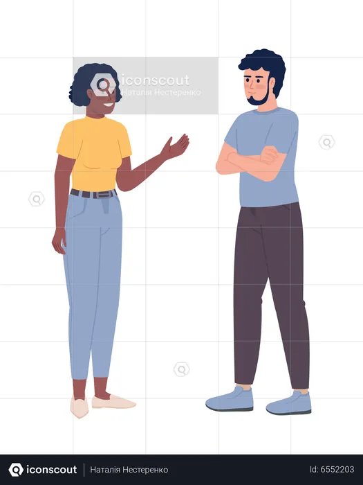 Friendly woman talking to crossed arms man  Illustration