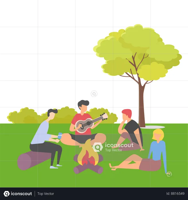 Friends are spending quality time in forest  Illustration