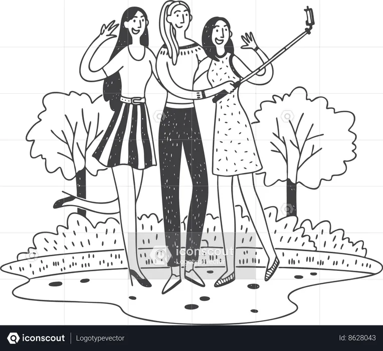 Friends are taking selfie from selfie stick  Illustration