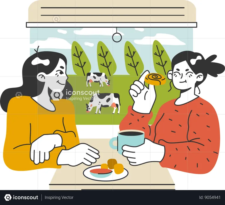 Friends are talking while rearing cattle  Illustration