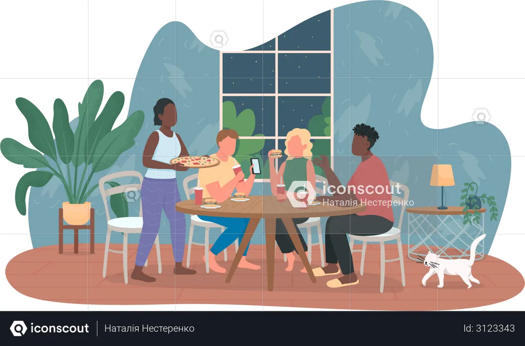 Friends at home eating pizza  Illustration