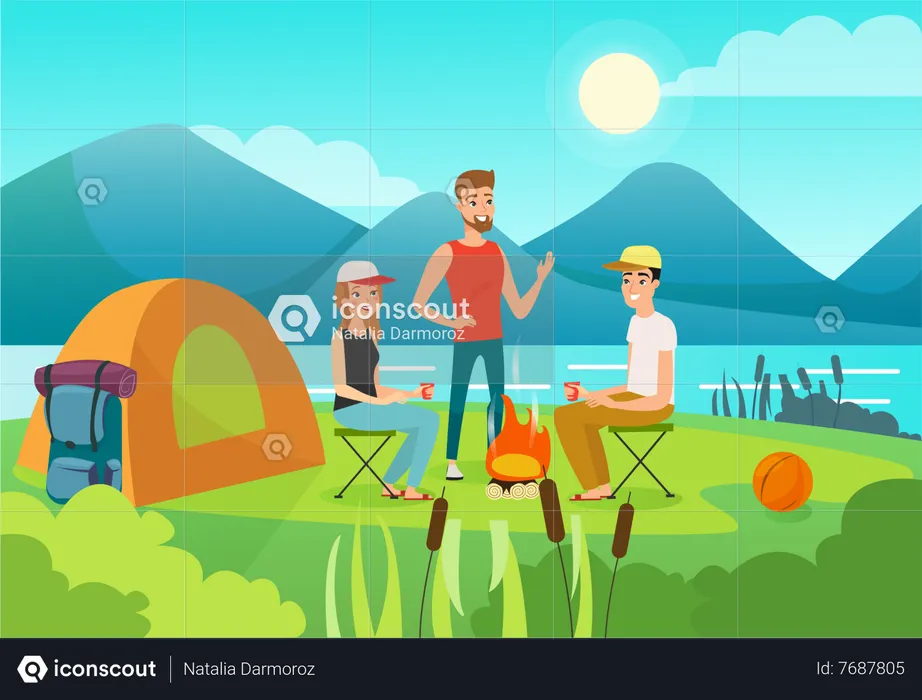 Friends camping near lake  Illustration