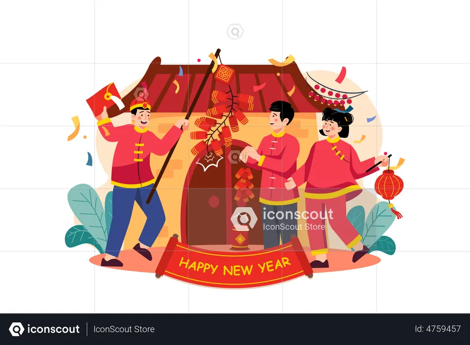 Friends celebrating Chinese new year evening  Illustration
