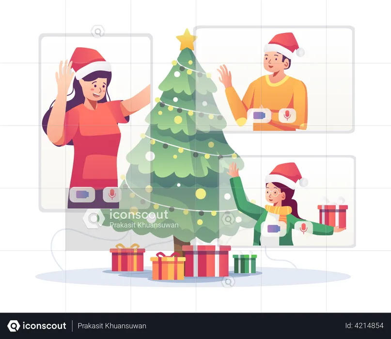 Friends celebrating Christmas via video call  Illustration