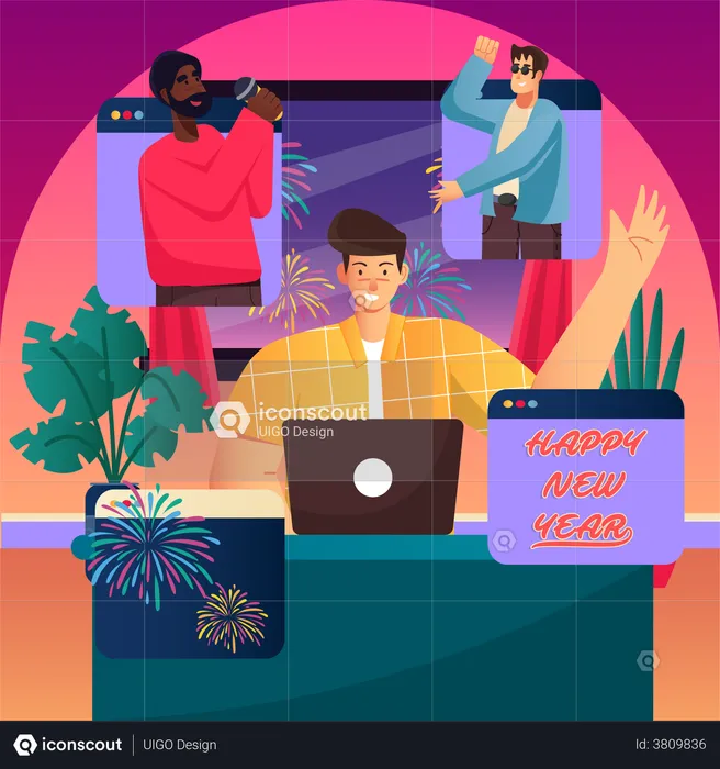 Friends celebrating new year through video call  Illustration