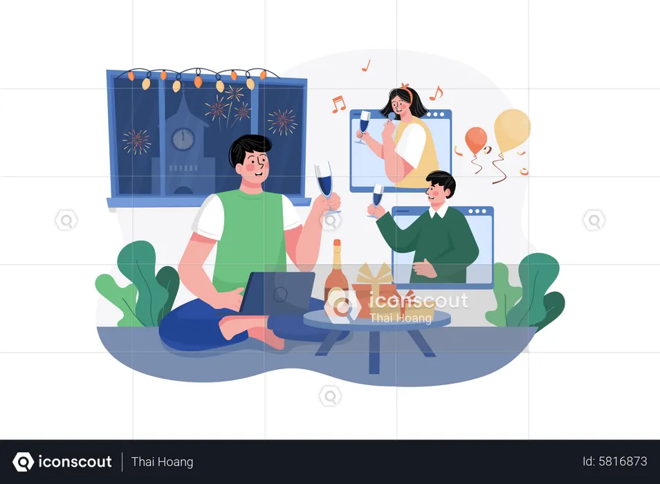 Friends Celebrating Online  Illustration