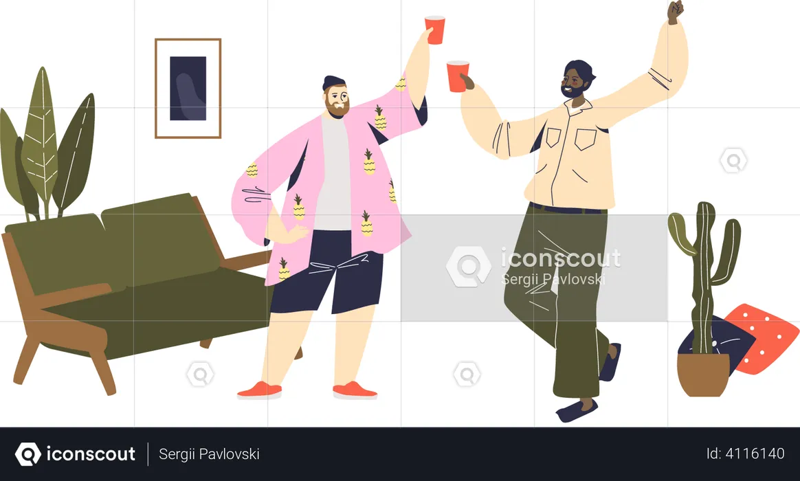 Friends cheering with plastic glasses during home party  Illustration