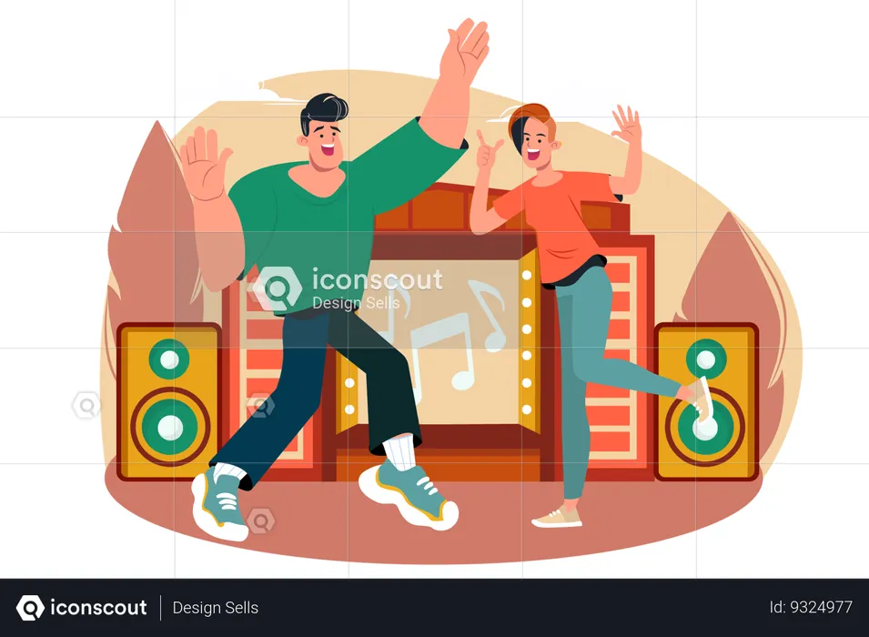 Friends dance to cool songs at a music festival  Illustration