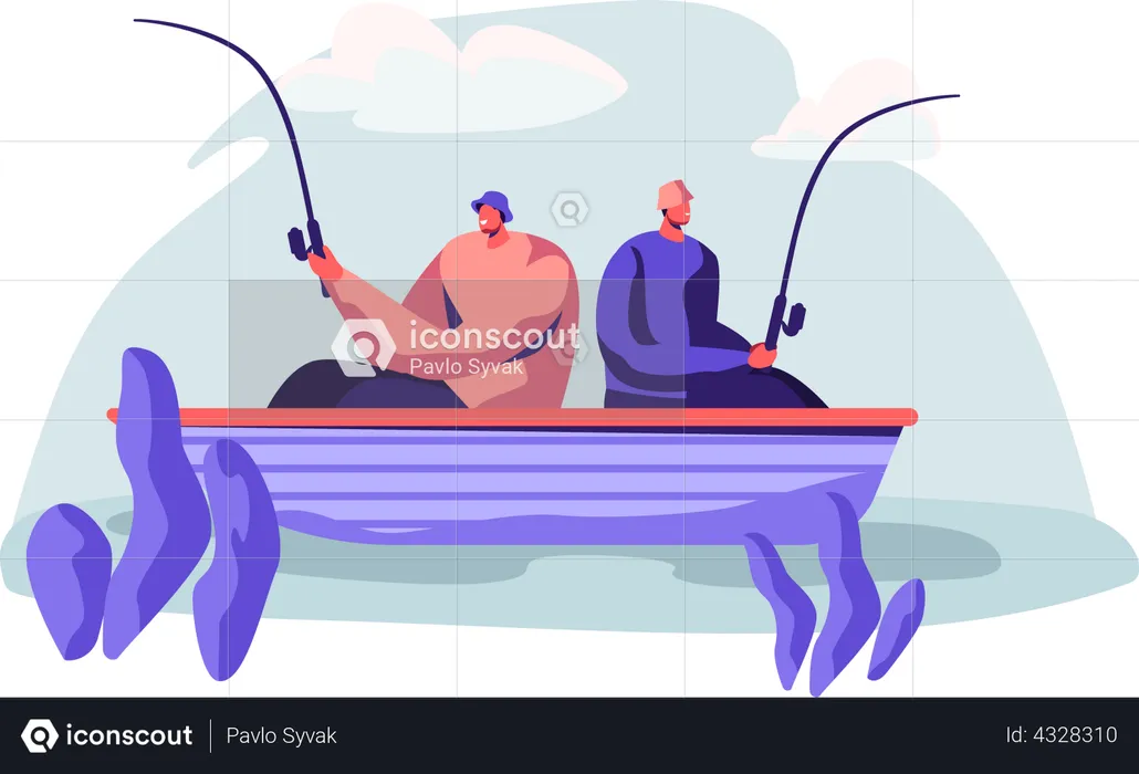 Friends doing fishing in calm lake  Illustration