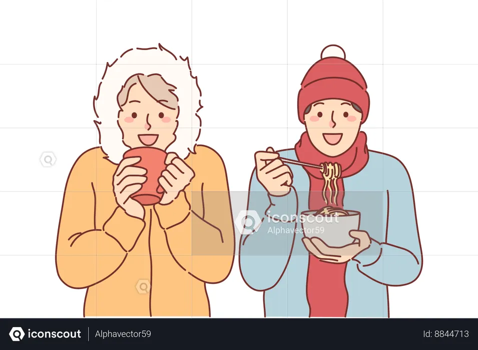 Friends doing lunch standing under snow in winter clothes  Illustration
