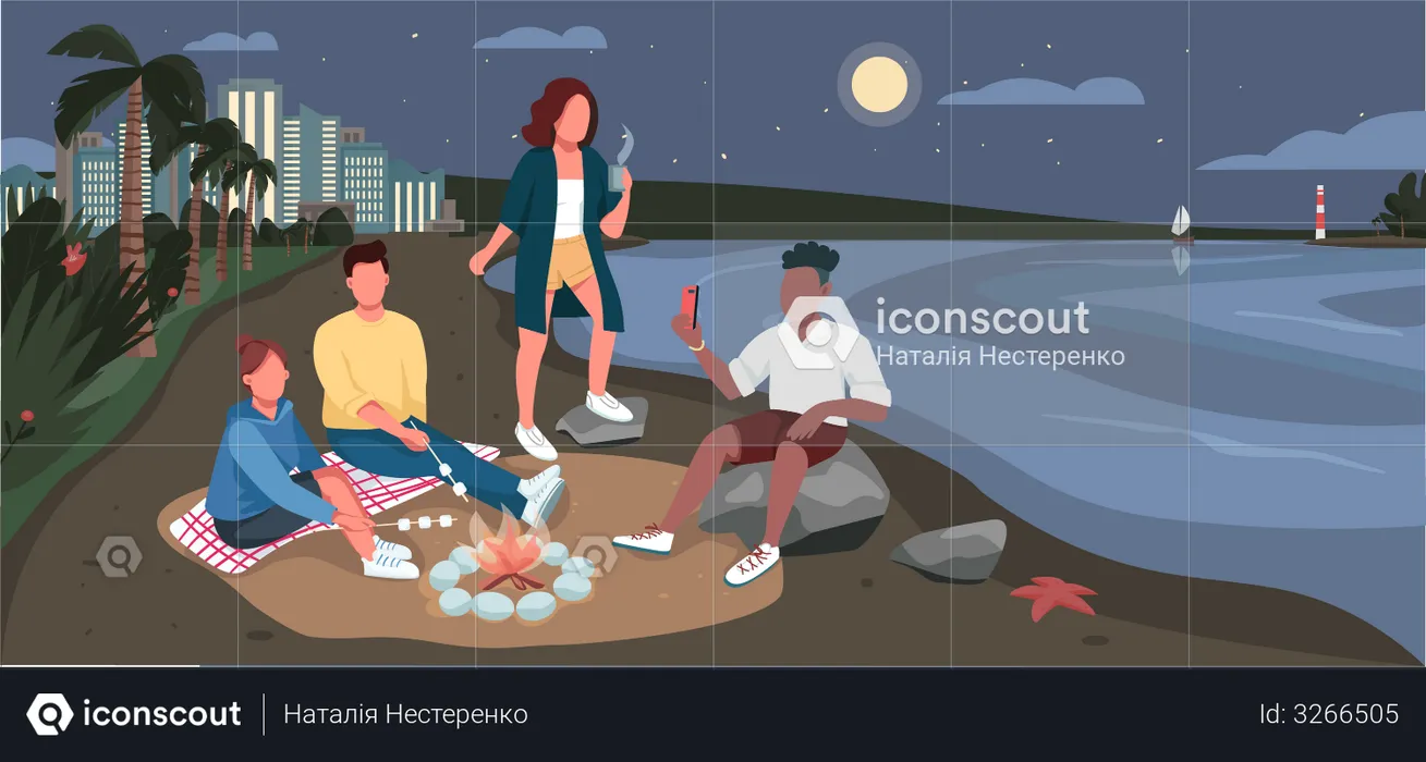 Friends evening picnic at sandy beach  Illustration