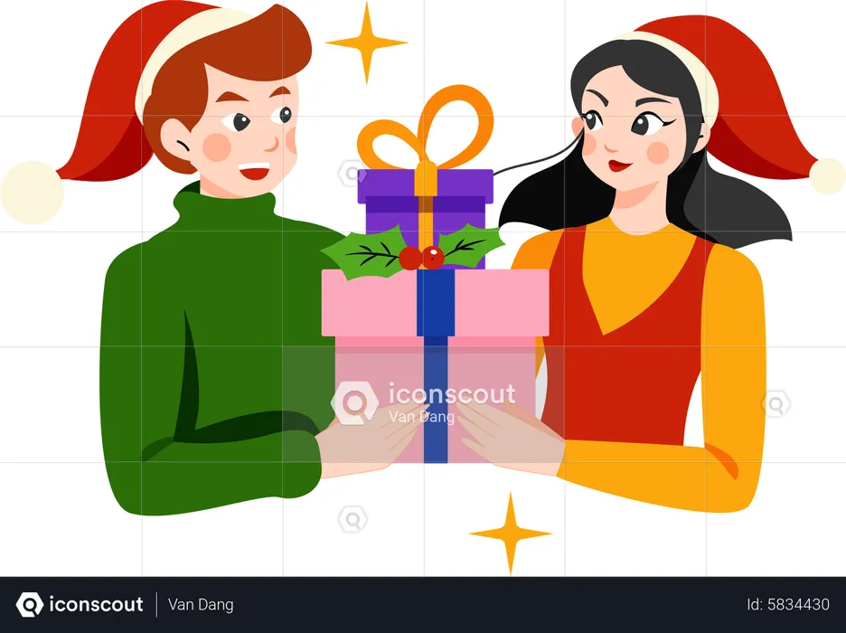 Friends exchanging Christmas present  Illustration