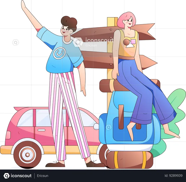 Friends finding way from signboard  Illustration