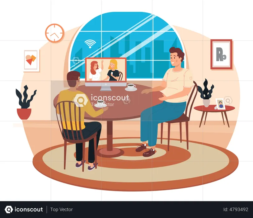 Friends gathering on online video conference  Illustration