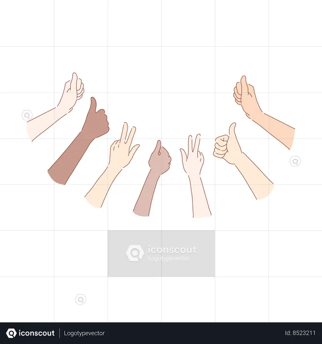 Friends group showing thumbs up and peace signs  Illustration