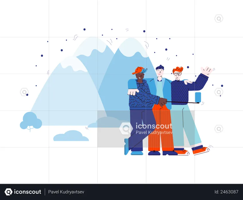 Friends group, travelers or hikers make a selfie together with mobile device in mountain landscape  Illustration