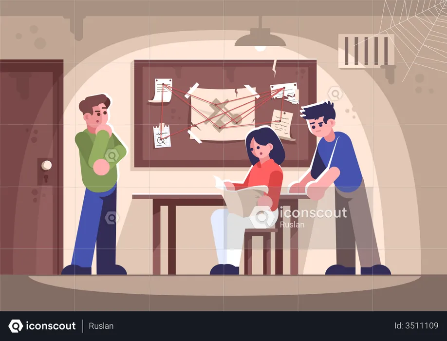 Friends in criminal quest room  Illustration