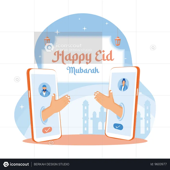 Friends making video calls on Eid festival through mobile phones  Illustration