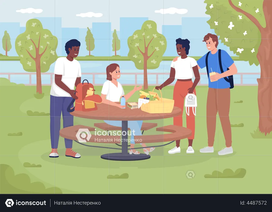 Friends meeting for picnic in park  Illustration