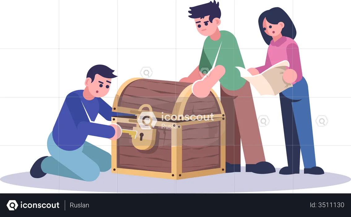Friends opening closed chest  Illustration