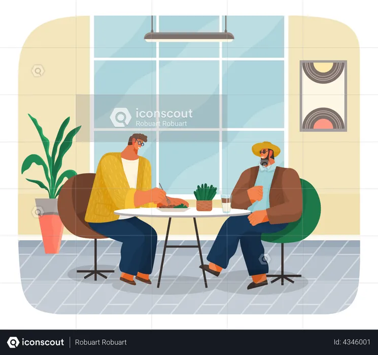 Friends or business partners sitting in cafe or restaurant at table eating and drinking have dinner  Illustration
