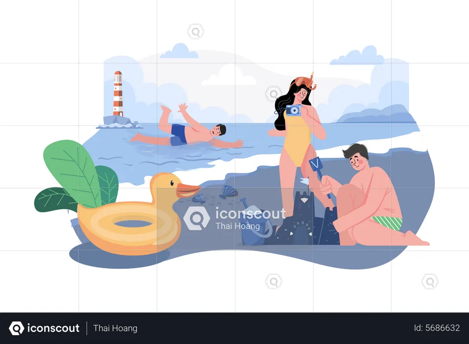 Friends Playing At The Beach  Illustration