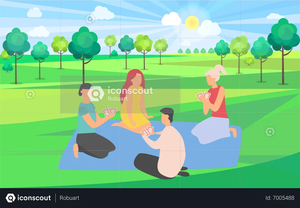 Friends playing cards in park  Illustration