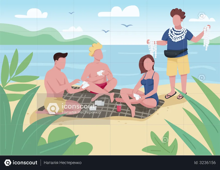 Friends playing cards on beach  Illustration