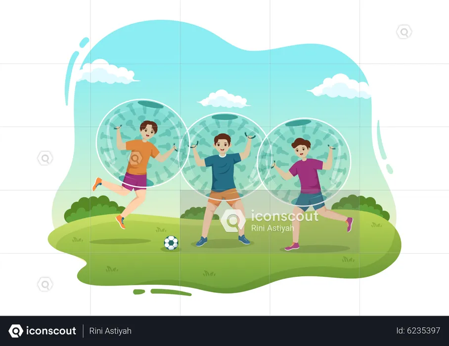 Friends playing football while wearing zorbing sphere  Illustration
