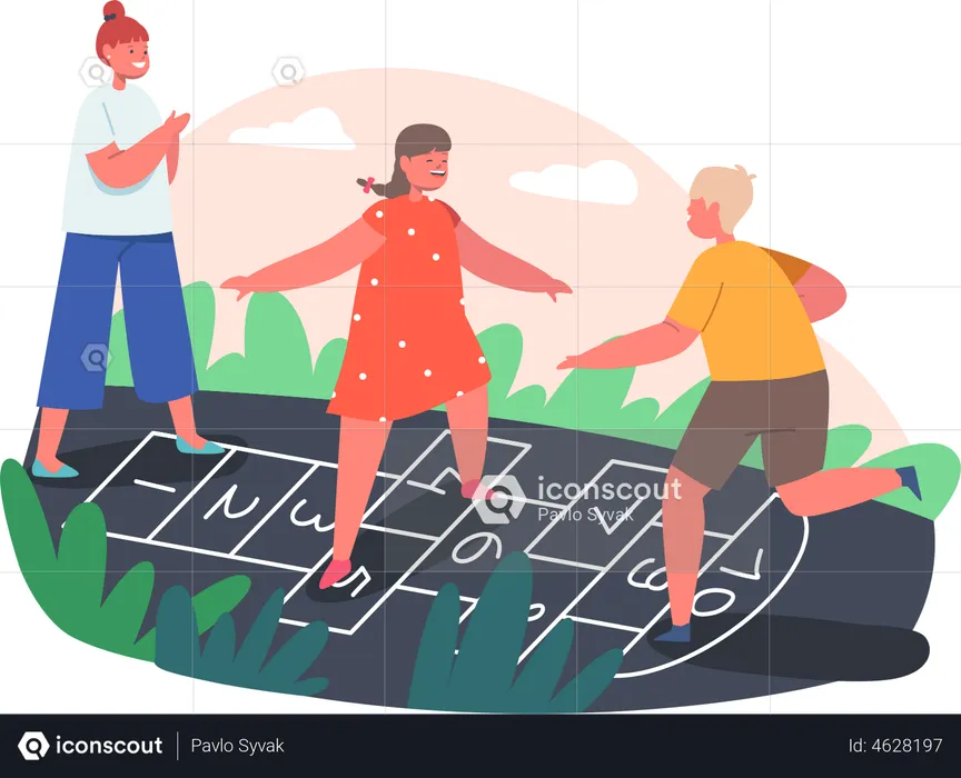 Friends playing Hopscotch Game  Illustration