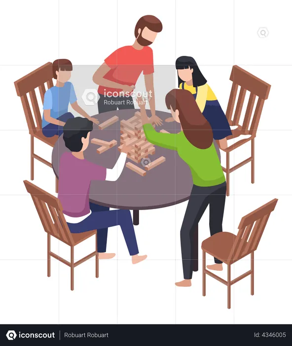Friends playing jenga while spending quality time together  Illustration