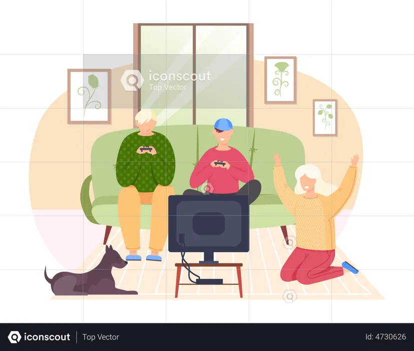 Friends playing video games with gamepad  Illustration