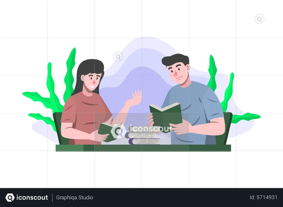 Friends reading book in library  Illustration