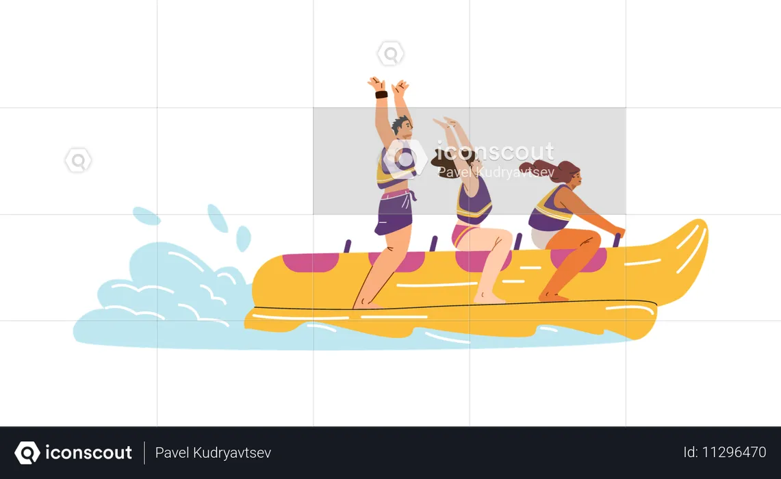 Friends ride on an inflatable banana boat  Illustration