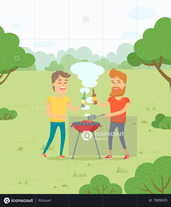 Friends Roasting Meat BBQ in Forest Park Weekends  Illustration