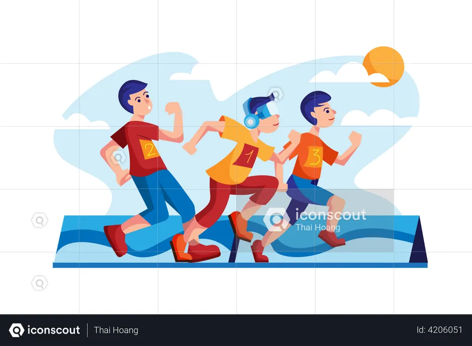 Friends running race by wearing VR headset  Illustration