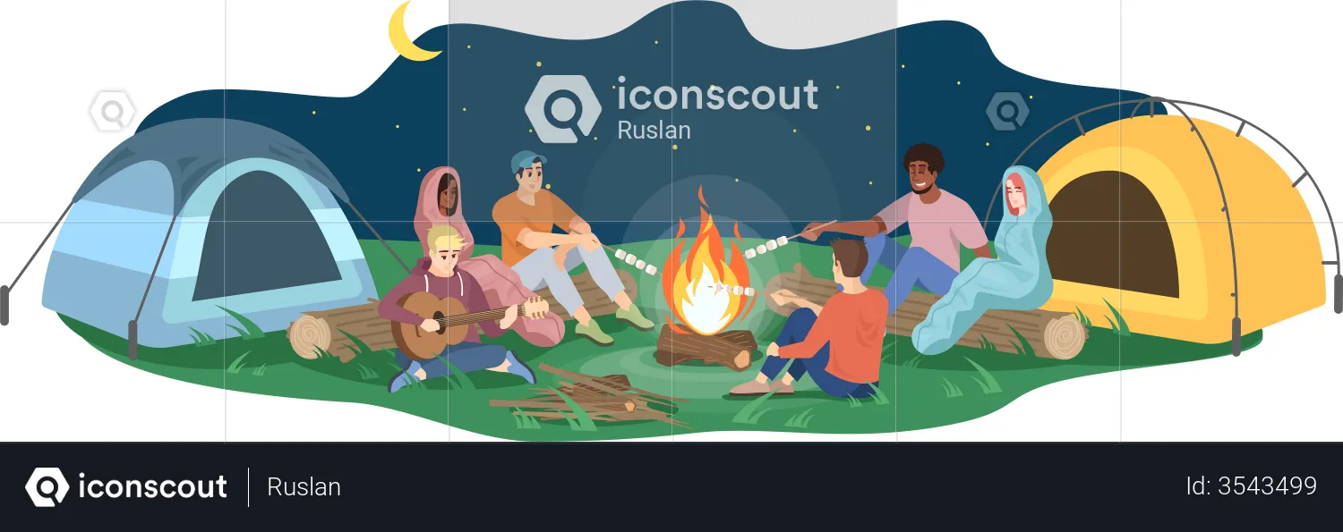 Friends sit by campfire  Illustration