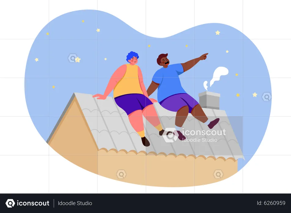 Friends sitting on home roof  Illustration