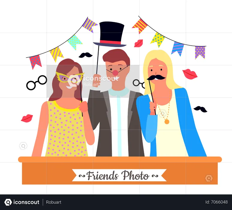 Friends taking photos with party probs  Illustration