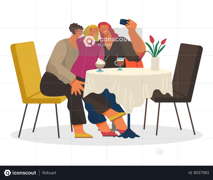 Friends Taking Selfie in Cafe  Illustration