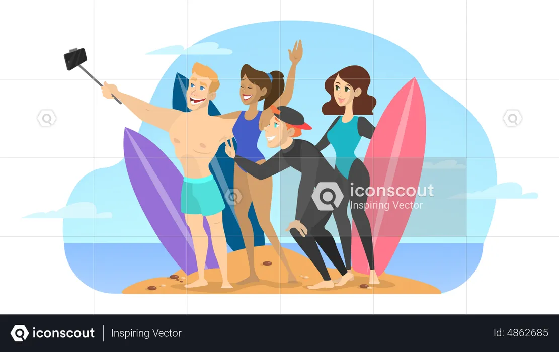 Friends taking selfie on beach  Illustration