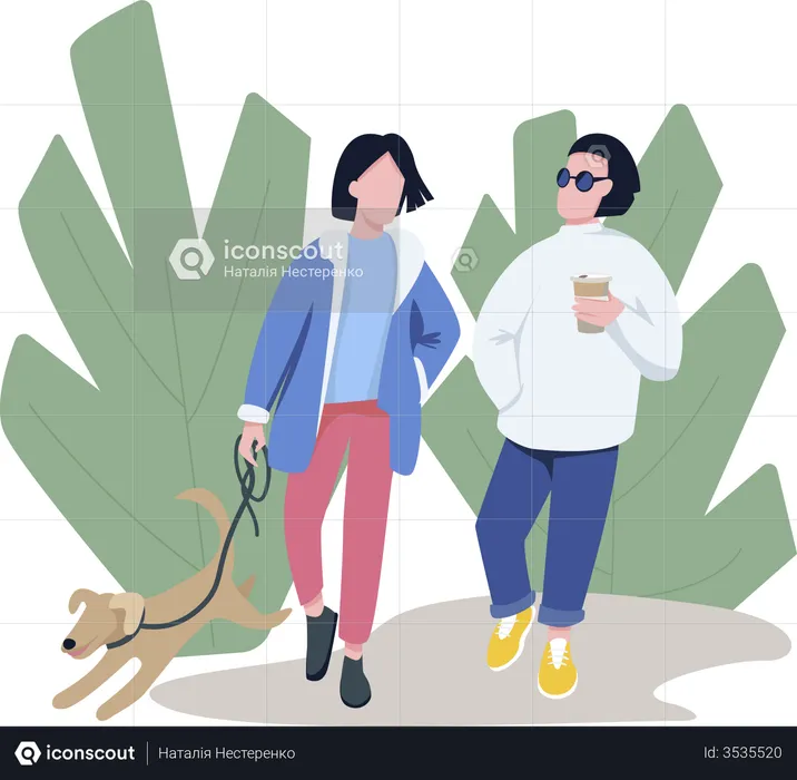 Friends walking with pet  Illustration