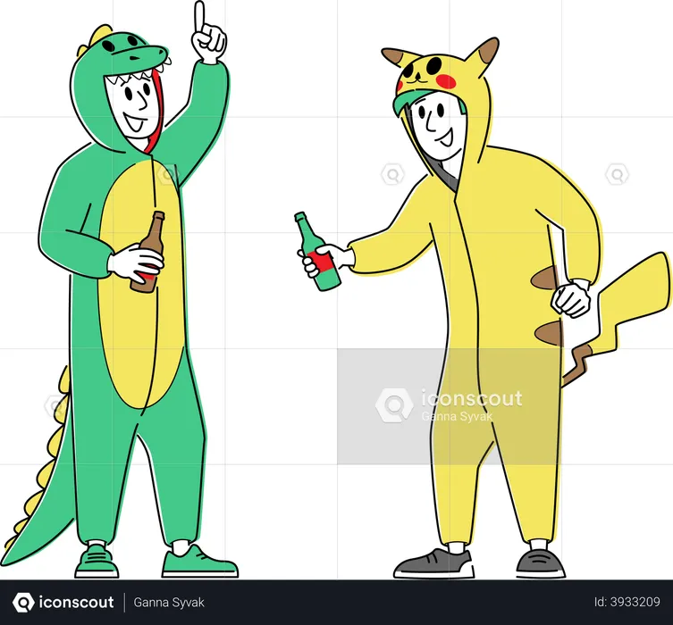 Friends wearing funny costume and having fun together  Illustration